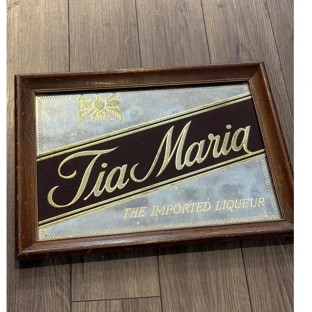 Vintage Tia Maria Coffee Liqueur Bar Mirror Sign Wood Framed Mancave Advertising